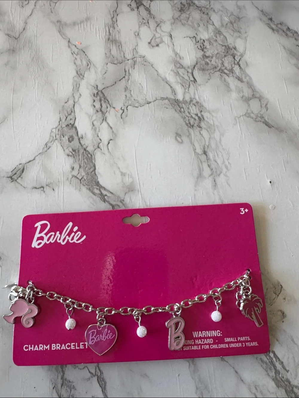 Silver-tone Barbie Theme Charm Bracelet 4 Pink Charms & 3 Bead Charms New